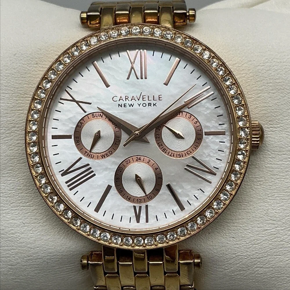 Caravelle New York Womens Watch 38mm MOP Gold Tone Day Date New Battery 5.75
